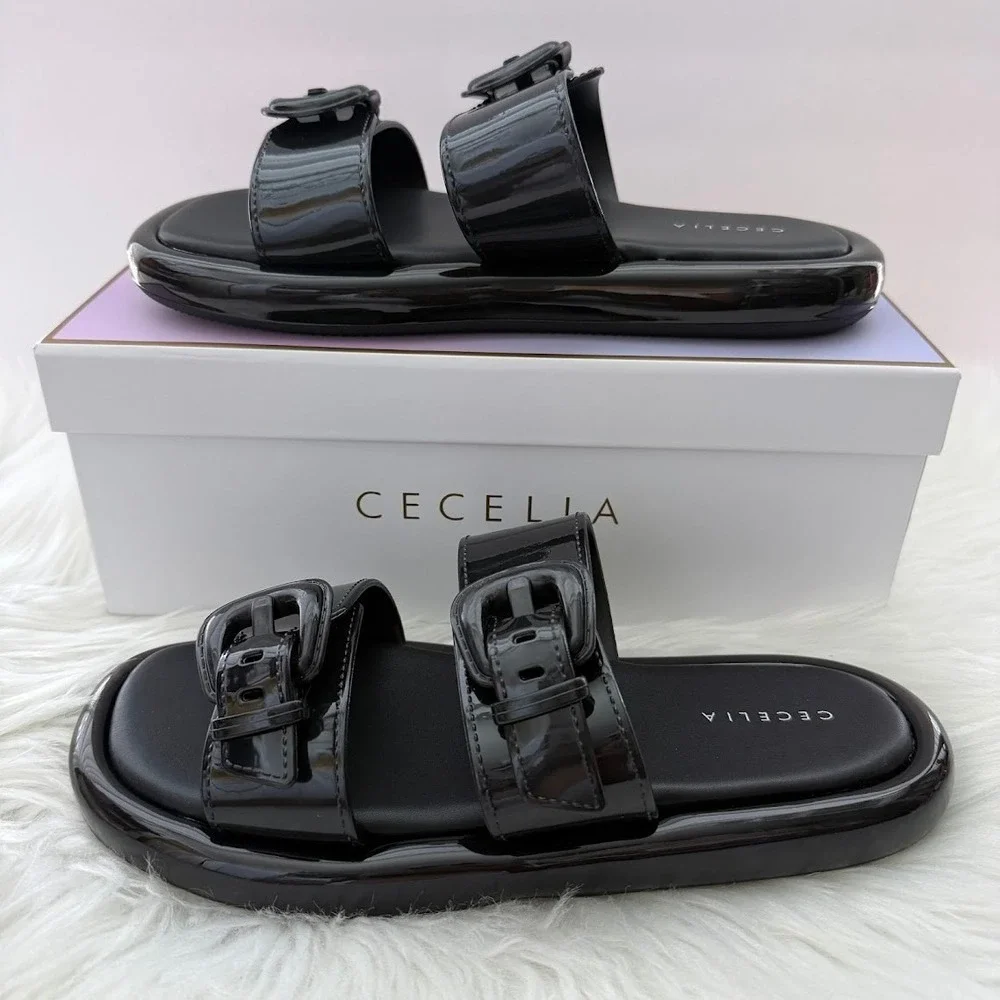 Cecelia New York Jump Womens 8M Black Patent Buckle Platform Slide Sandals